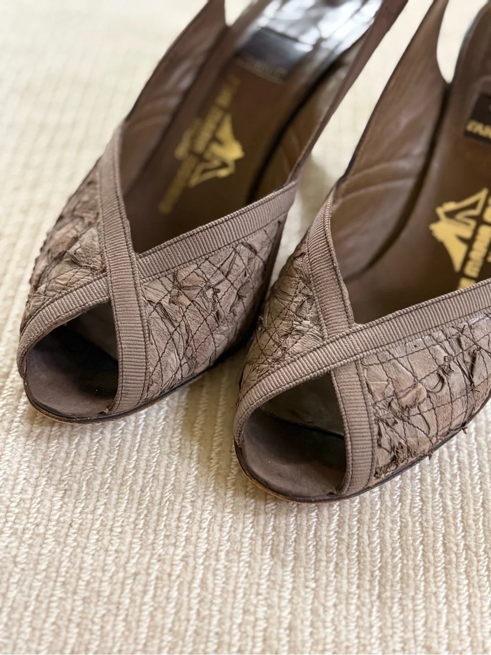 Farrutx Taupe Brown Slingback Peep-Toe Textured Heels